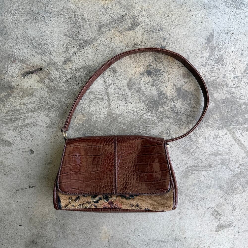 Vintage y2k Brown Faux Croc and Floral Tapestry Shoulder Bag